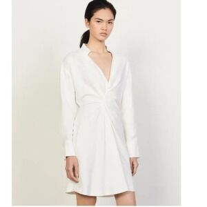 Sandro Paris Celia Mini Dress XS Womens White V-Neck Ruched Front Long Sleeve